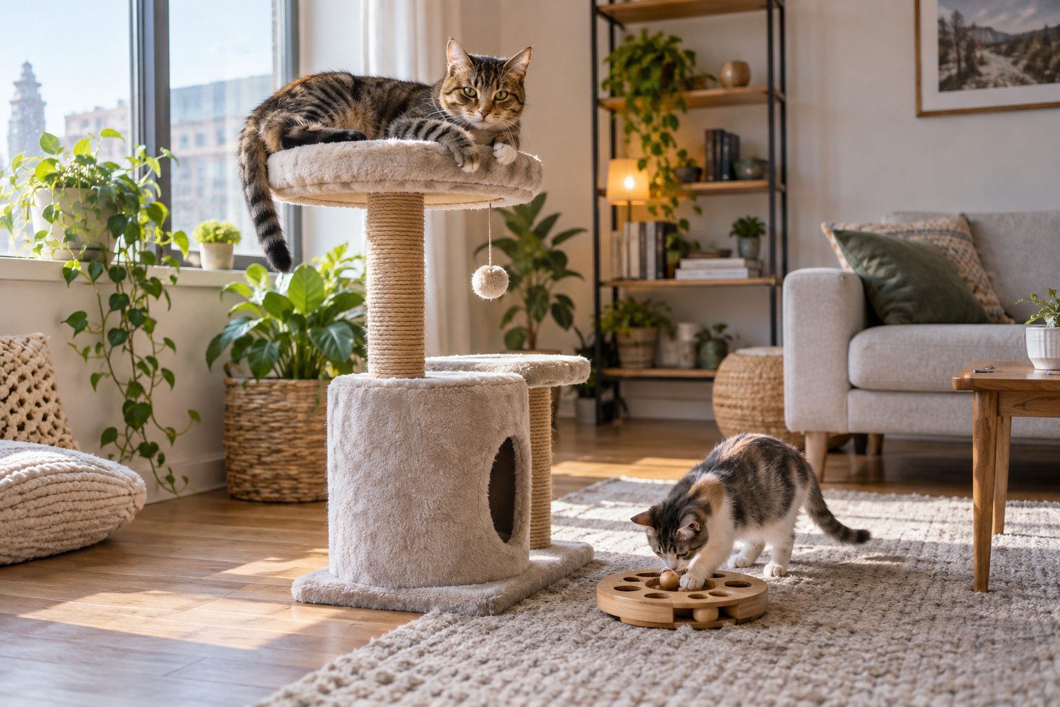Illustration: A relaxed tabby cat resting on a cat tree beside a bright apartment window, a second small cat investigating an enrichment toy below, attractive real home, neutral natural textures.